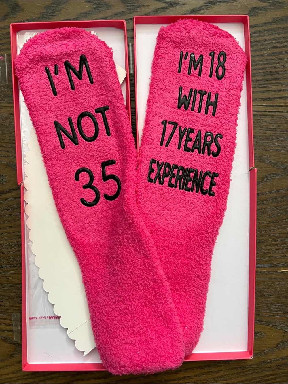 Amazon Hot Pink Cozy Novelty Socks with Black Text